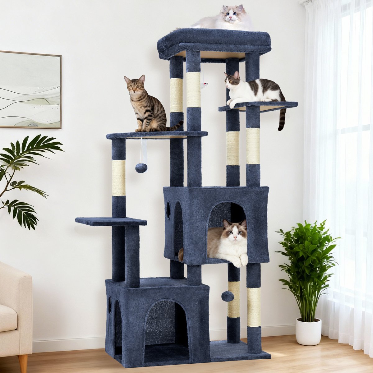 Triumpunpre - Kattenboom 155 cm Voor Grote Katten & Maine Coon - Meerlaagse Kattentoren met 7 Sisal Krabpalen, 2 Kattenholen en Groot Platform - Blauw thumbnail 5
