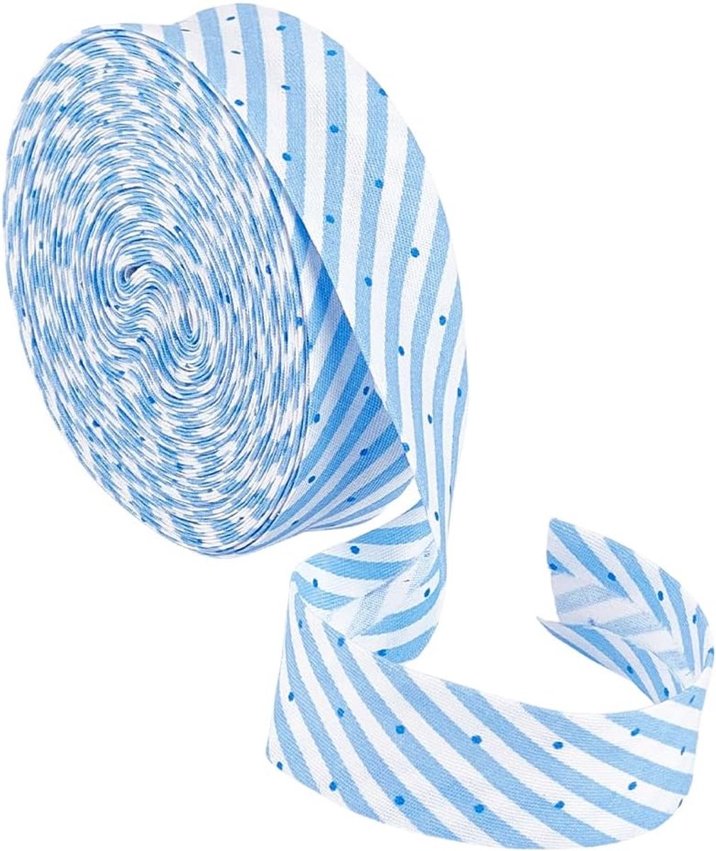 PandaHall 10 m dubbel geplooid biasband, 2,1 cm, katoen, blauw en wit, gestreept, kleding, doe-het-zelf, voor het maken van Qipao jurken en dekbedranden