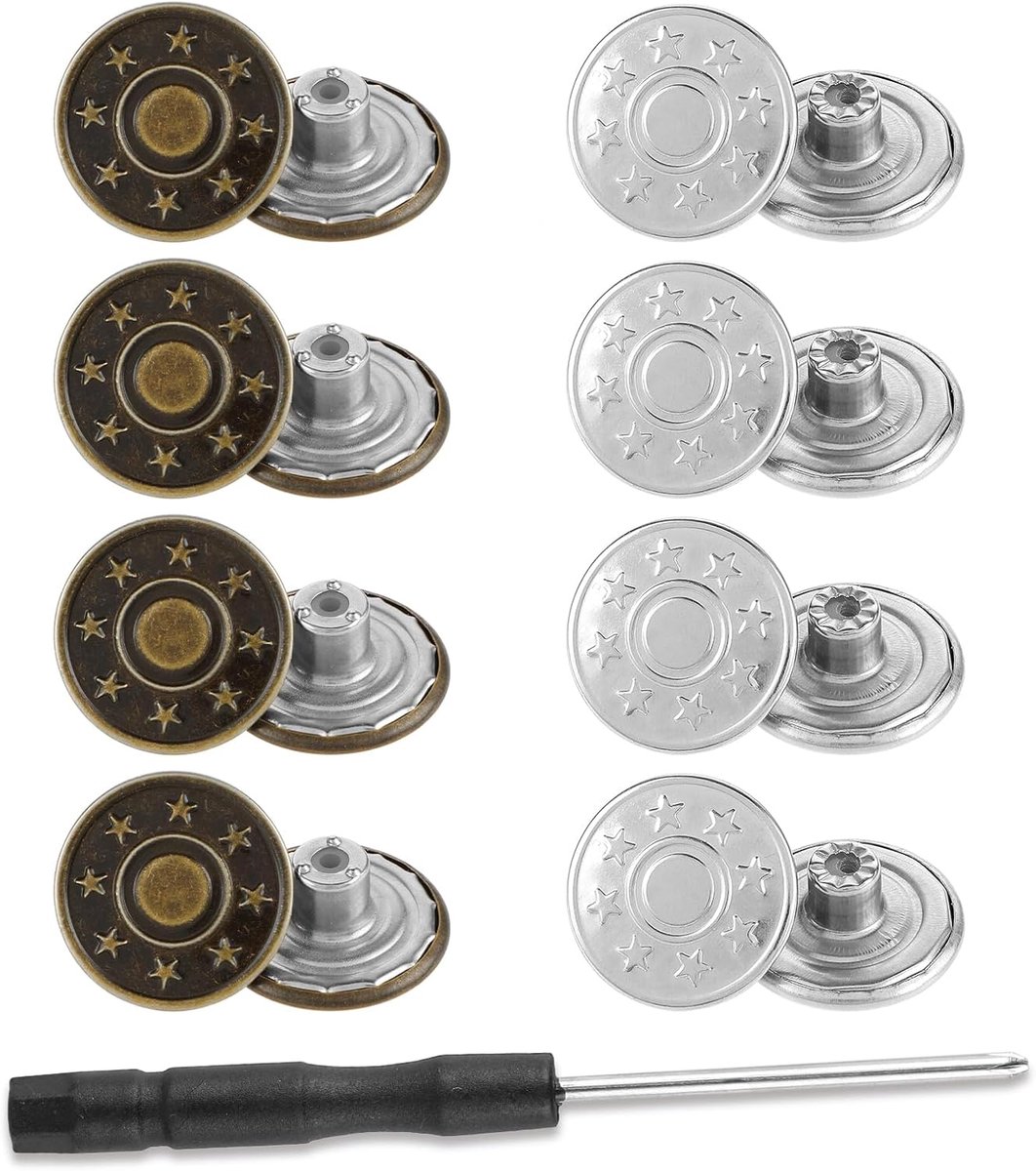 Knopen om vast te klikken, 17 mm, knopen voor mercery, broekknopen, reserveknopen, verstelbaar en herbruikbaar, voor jeans zonder naden, met schroevendraaier, voor dames en heren