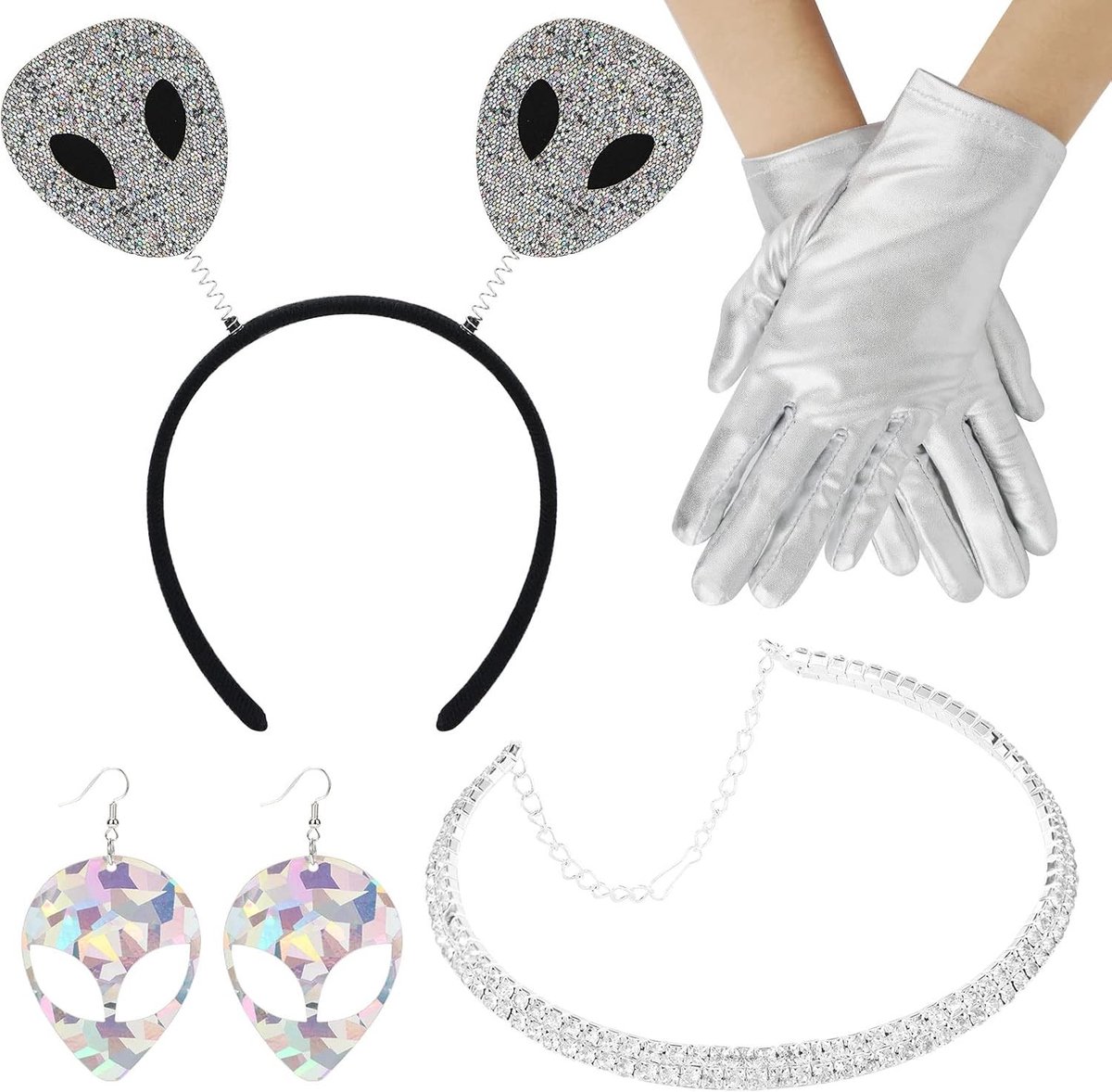 Alien 4-delig kostuumset met antenne-hoofdband, oorbellen, ketting en handschoenen voor vrouwen en meisjes, ideaal voor feestjes, carnaval en cosplay.