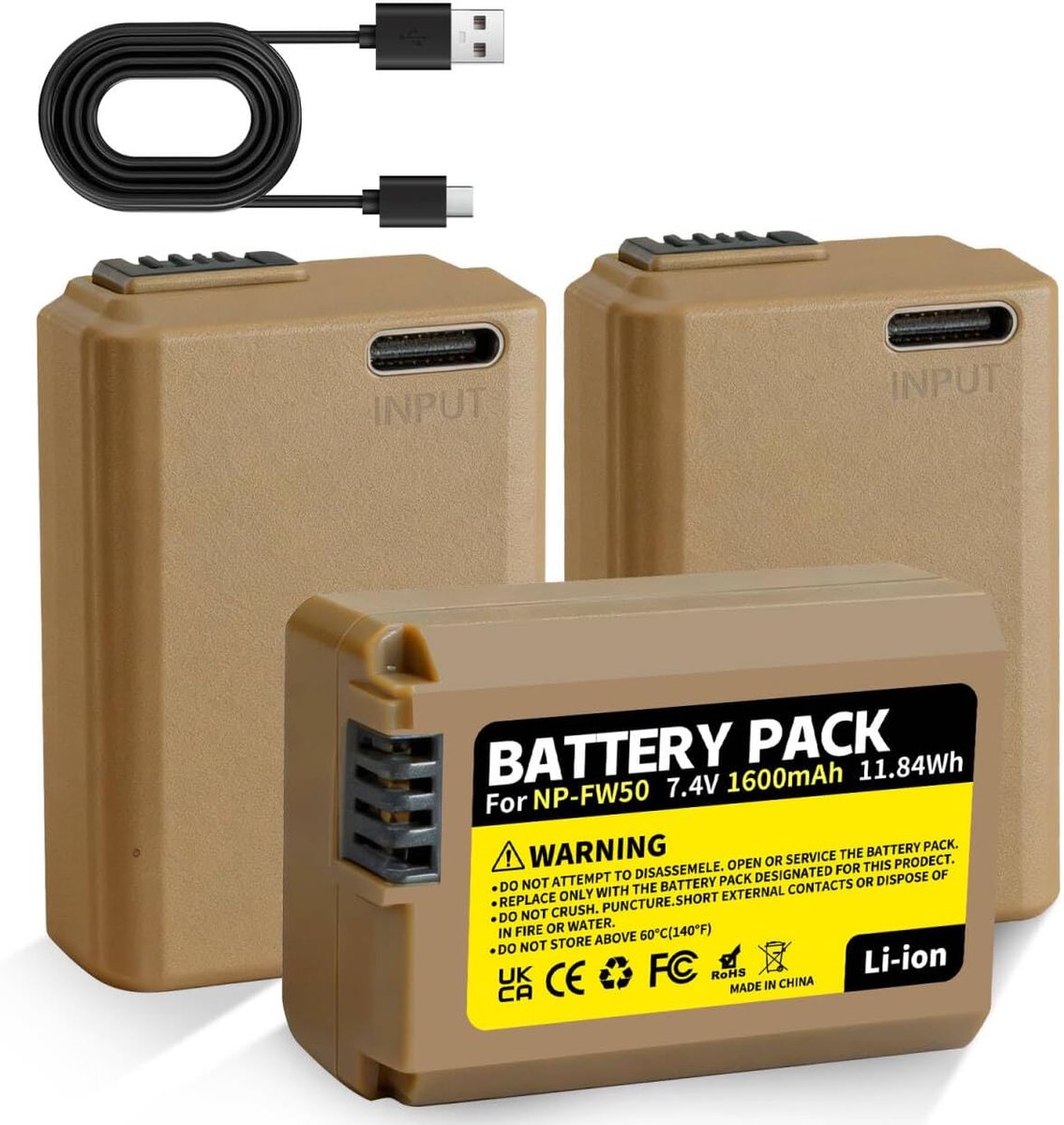 3 stuks NP-FW50 accu 1600 mAh USB type C oplaadaansluiting, compatibel met Sony ZV-E10, NEX 3/5/7&SLT-A-serie, Sony A7, A7SII, A7R, A7RII, A3000, A6000, A6500, A6300, A6400, A55, A55, A55 100, RX