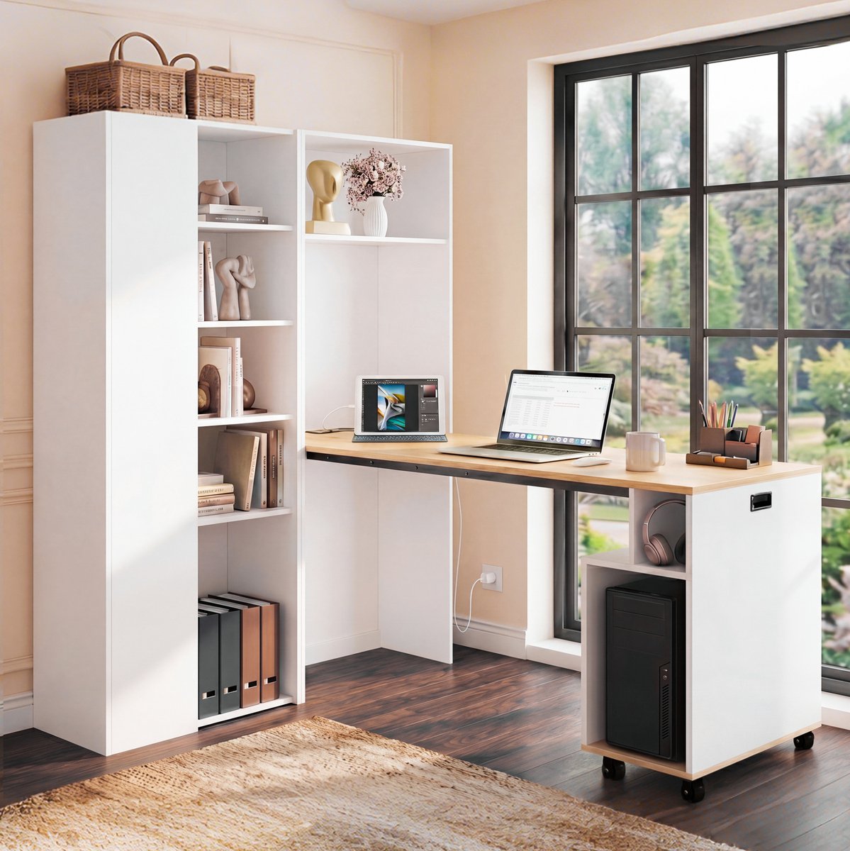 MEUNIQ Opklapbaar bureau met boekenkast 104,5 x 30,5 x 160 cm, USB, stopcontact, verstelbare planken en computervak, wit