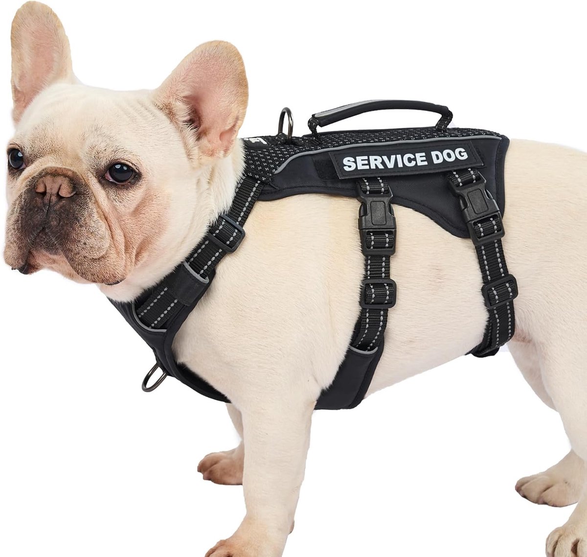 Hulphond harnasvest, ontsnappingsbestendig harnas met 6 patches, anti-trek, reflecterend harnas met handgreep, verstelbaar voor kleine tot grote honden, voor training (zwart, M)
