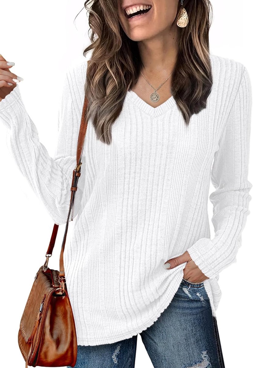 Dames V-hals lange mouwen sweatshirt licht effen bovendeel basic gebreide trui herfst winter lente