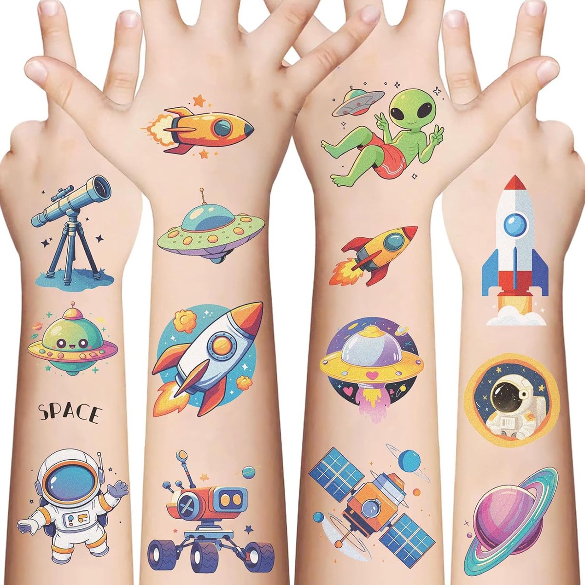 Tijdelijke tatoeages, ruimte, nep-tatoeages, astronaut, heelal, ruimtetatoeage om op te plakken, voor verjaardag, planeten, ruimte, maan, ster, decoratie