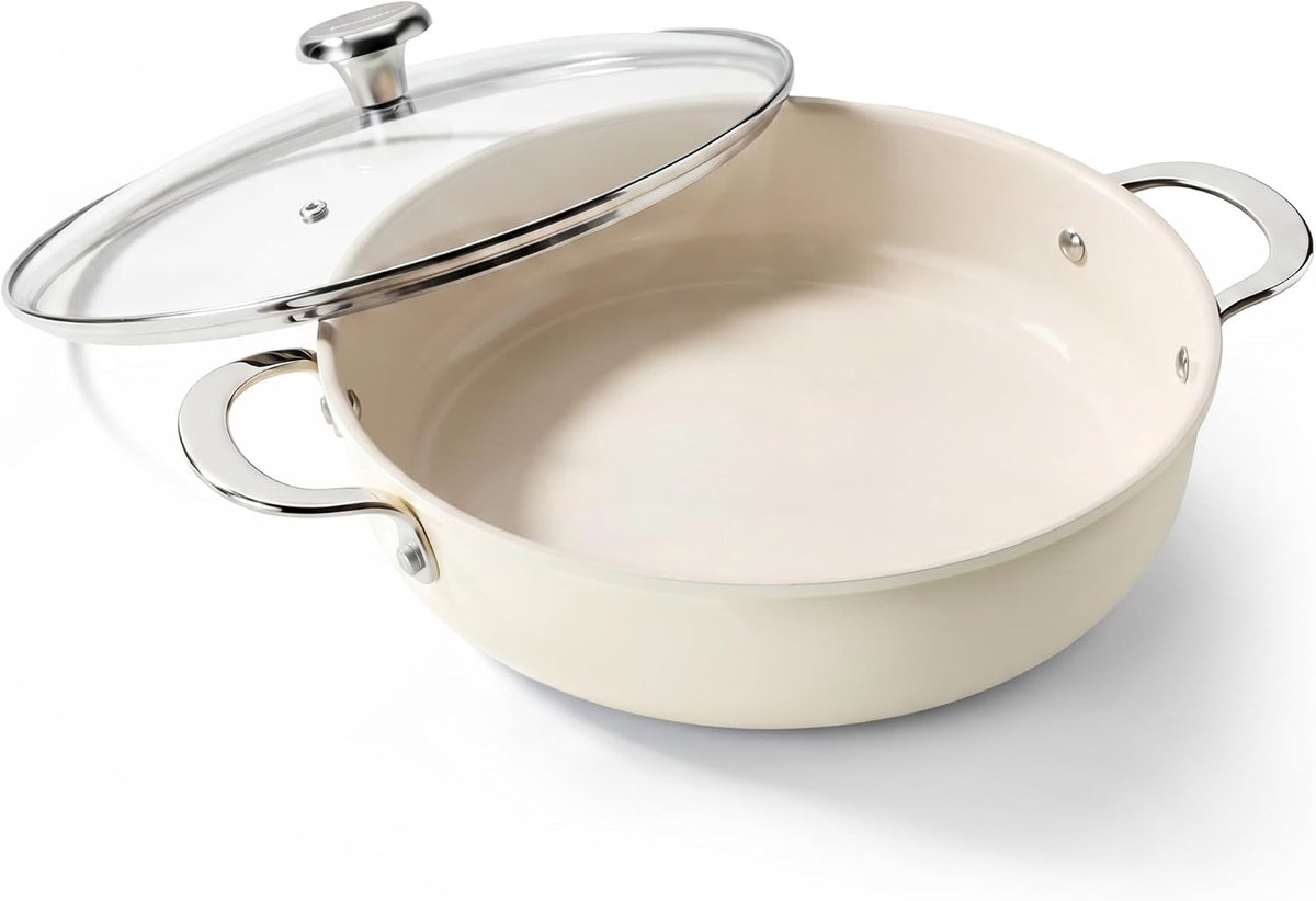 Braadpan 28 cm hoge rand - stoofpan met deksel 3,85 l, keramische pan met antiaanbaklaag zonder PFOA/PTFE/PFAS, inductie roestvrijstalen handgreep, vaatwasmachinebestendig, voor koken, braden