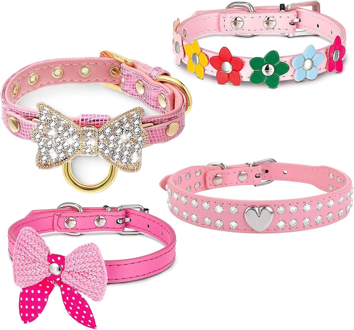 4 stuks hondenhalsband strass steentjes hond kat halsband bling diamant met strass strik bloemen decoratie voor meisje honden katten roze XS