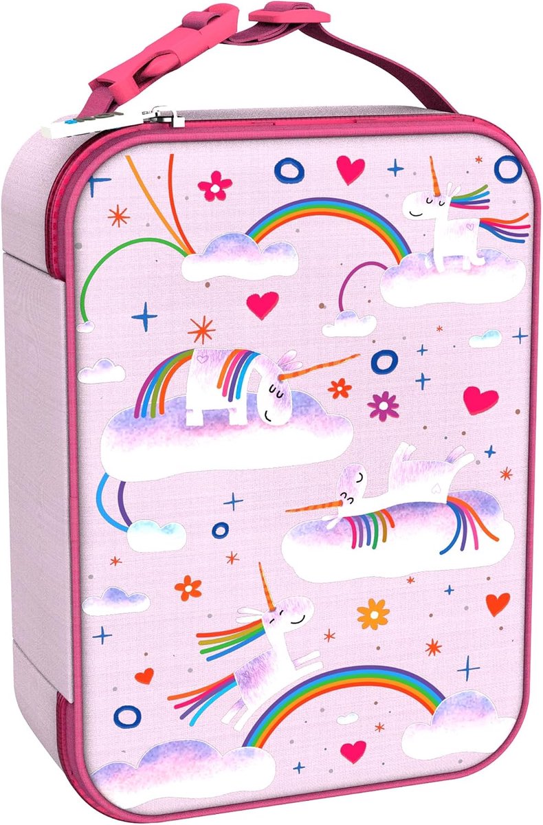 Eenhoorn Regenbogen Geïsoleerde Lunchtas, Afveegbaar, 3-Zijdige Ritssluiting, Mesh Flessenzak, Naamplaatje, Voedselveilig, 6 uur Vers, Nylon Draagriem, Polyester, Medium