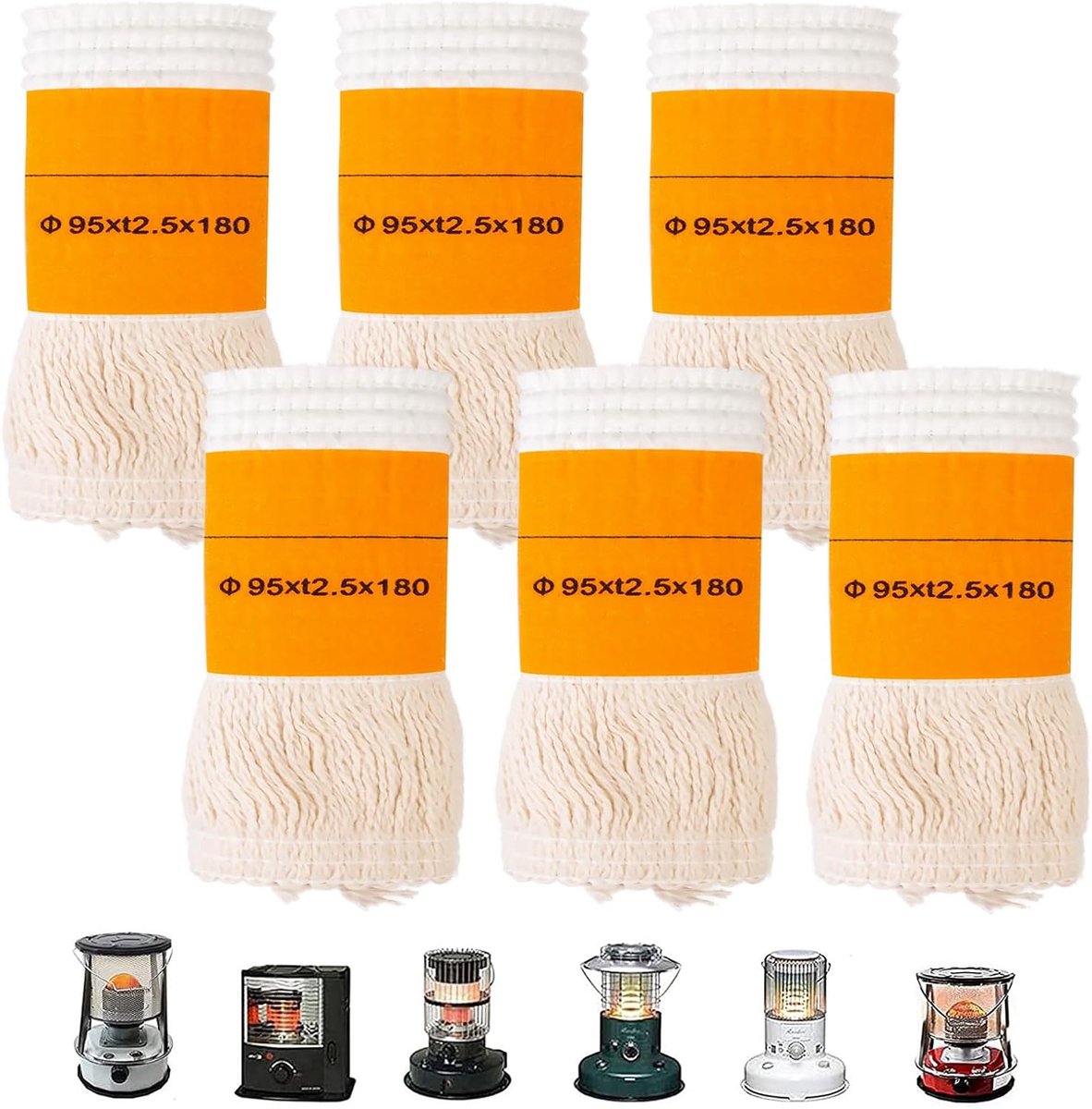 Set van 6 boren voor petroleumkachel, lonten voor petroleumlampen, reservebits voor petroleumlampen, voor camping, tent, verwarming, keuken (95 x 2,5 x 180 mm)