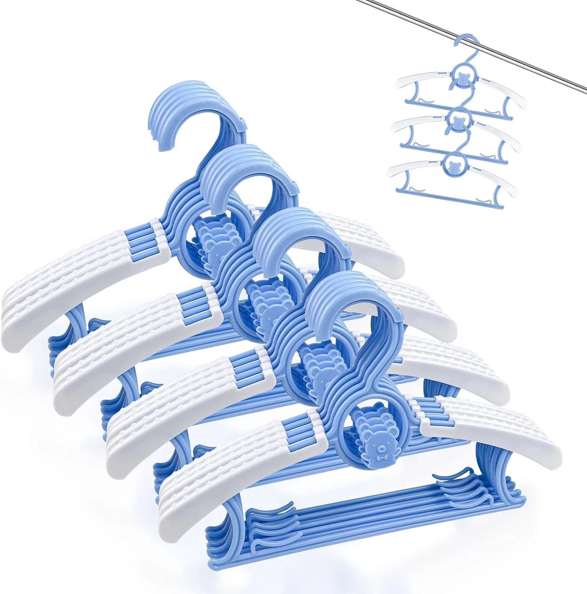 Kleerhangers voor kinderen, blauw, kunststof, antislip, met haken, stapelbaar, berenvorm, uittrekbaar, voor baby's, peuters, kinderen