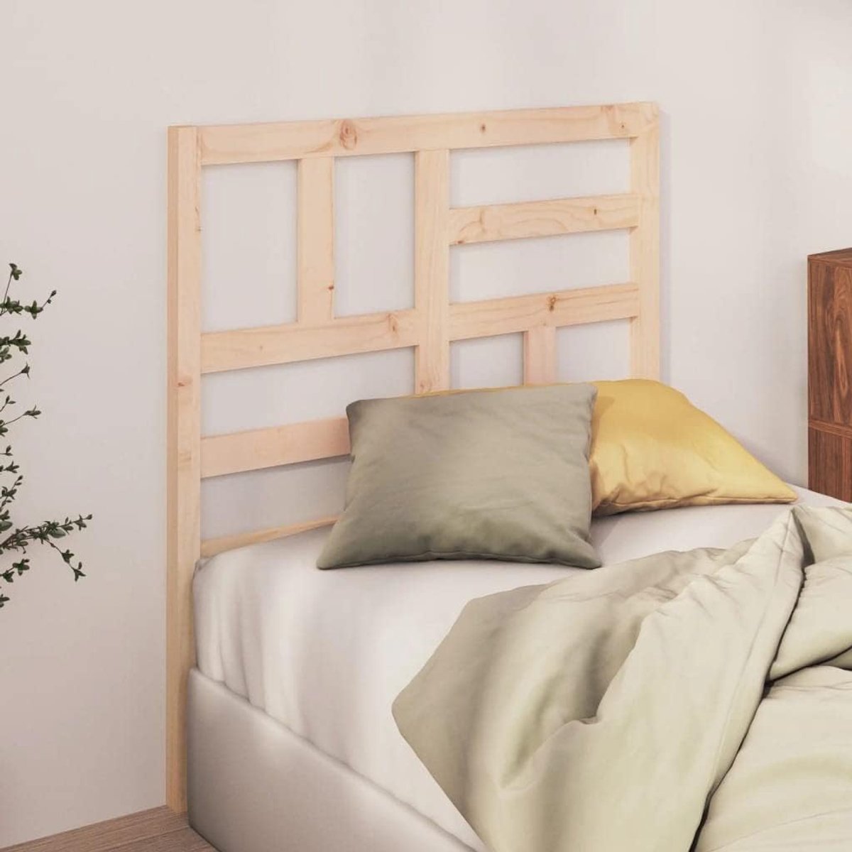 Hoofdeinde van het bed 106 x 4 x 104 cm van massief grenenhout, hoofdeinde met latten voor rugsteun en lichtstroom.