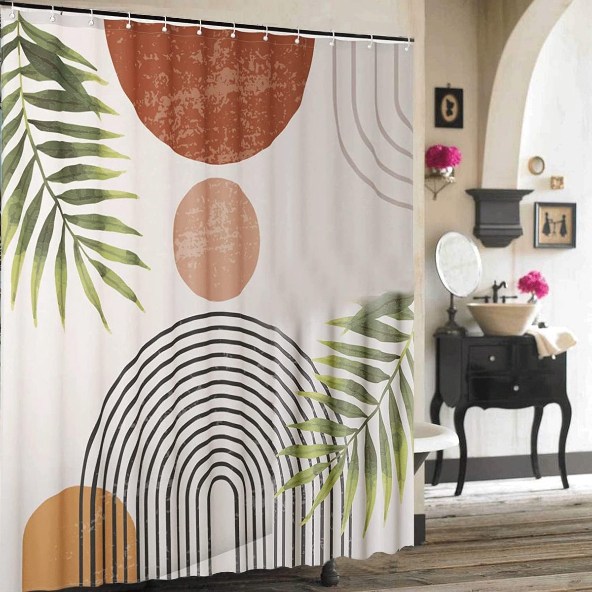 Boho Douchegordijn voor Badkamer met 12 Haken, Modern Mid Century Abstract Douchegordijn Boog Zon Boheemse Stijl, Grappig Gordijn voor Badkamerdecoratie 182x182 cm Waterdicht Stof