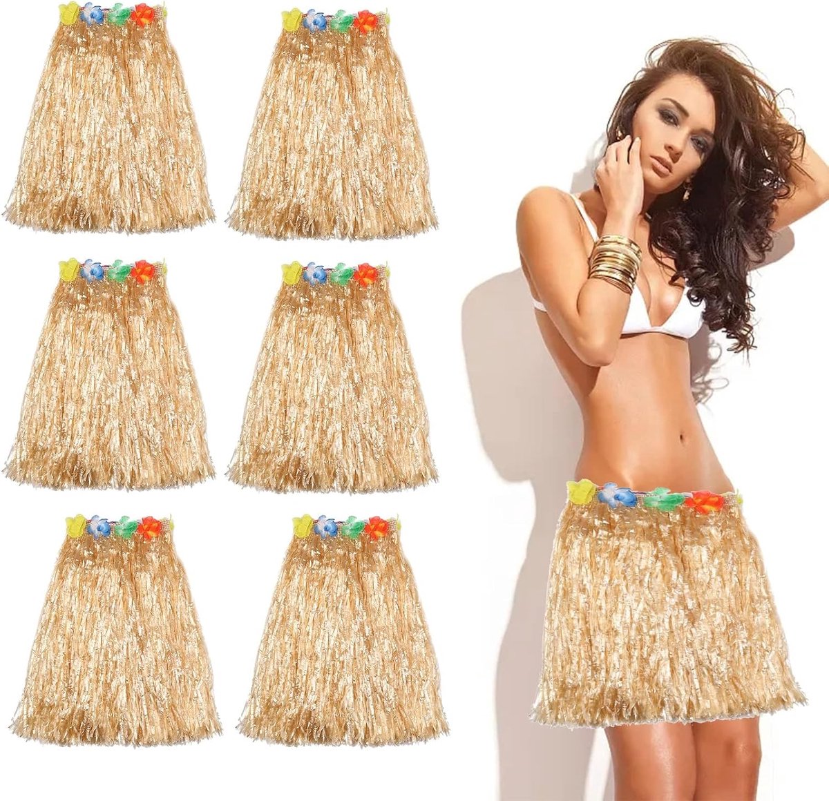 6 Stks 40cm Hula Grass Rok Hawaiian Leis Dance Jurk Set met Bloem, Elastische Rok Gouden Stro Kleur voor Hawaiiaanse Aloha Strand Zomer Feestbenodigdheden, Goud, M