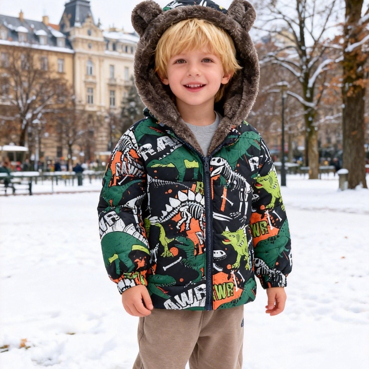 Currero Winterjas Parka Jongens Lange Jas Wintermantel Overjas Gewatteerd Waterdicht Winter Stijlvol Mantel Kinderen Lichtgevende Dinosaur 3-4 Jaar Groen