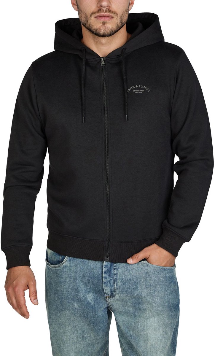 Jack & Jones Heren Sweatjack JJAUTHENTIC SWEAT ZIP HOOD regular fit Zwart M Volwassenen Hoodiejacket - Sweatvest