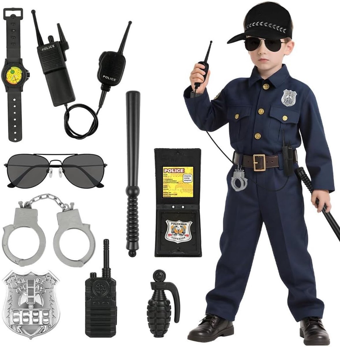 Politie Speelset voor Kinderen, 10-delige Rollenspel Set met Walkie Talkie, Fluit, Handboeien en Politiebadge voor Creatief Spel en Verkleedplezier