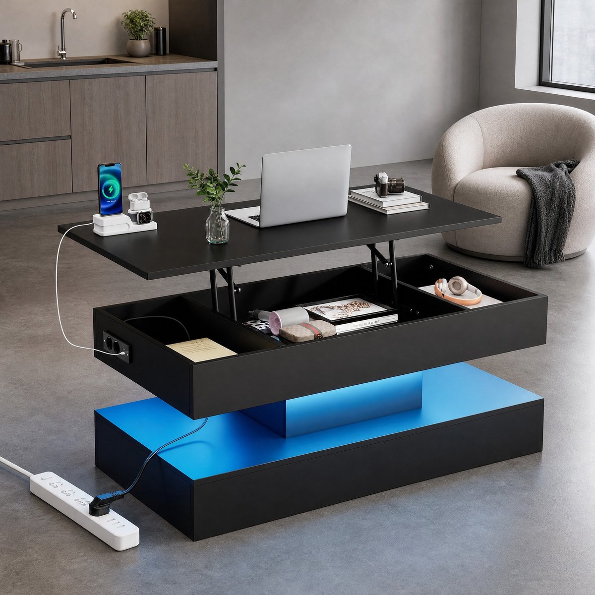 MEUNIQ Salontafel 100 x 50 x 42 cm met hydraulisch verstelbaar blad, LED via Bluetooth-app, verborgen opbergruimte en EU-stopcontacten, zwart