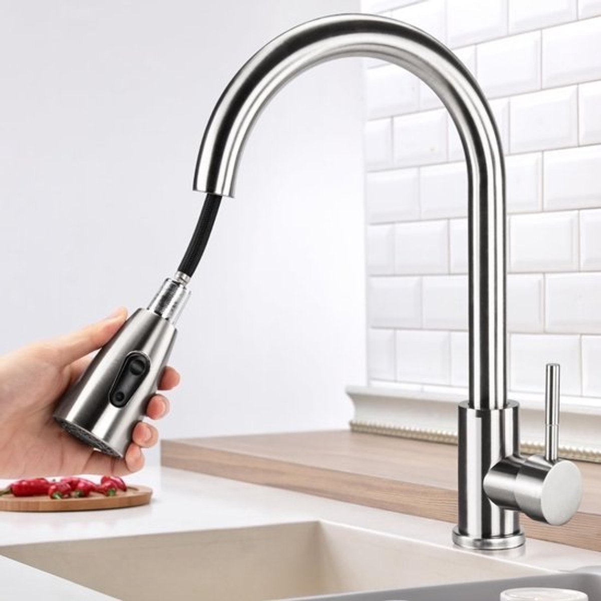 Kraan uittrekbare wastafelarmatuur, keukenmengkraan, 360 graden draaibaar, draaibaar, twee sproeifuncties, instelbaar koud en warm water, geborsteld roestvrij staal (zilver-C-vorm)