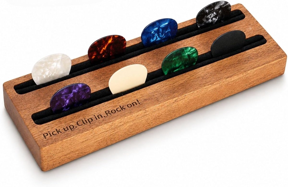 Guitar pick holder met dubbele groef - houten opslag - 20.8 cm - praktische tafelaccessoire voor muzikanten - ShopVlot