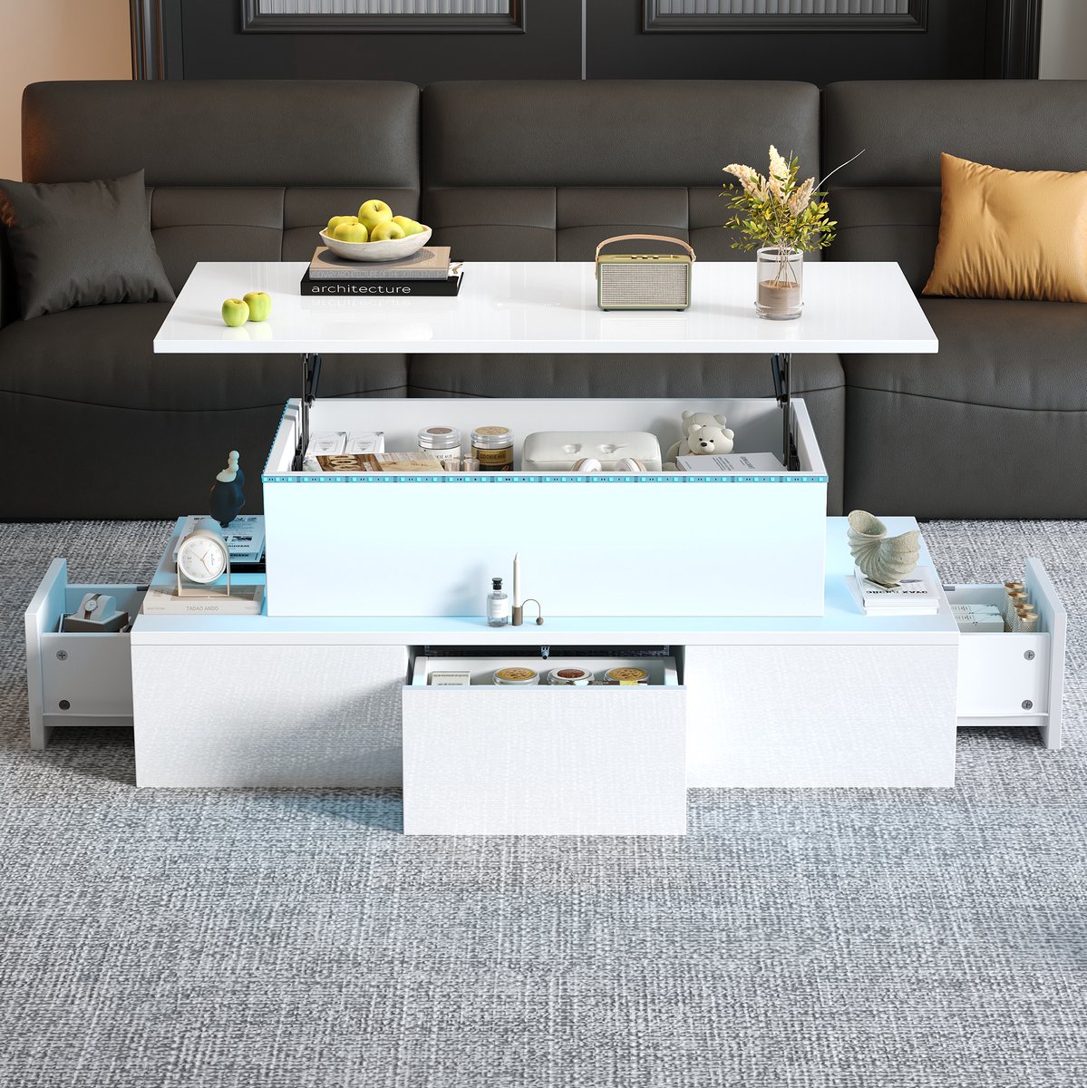 MEUNIQ Verstelbare salontafel 100 x 50 x 40 cm met hydraulisch hefblad, 4 lades, verborgen vak, open vak, appgestuurde led en USB-aansluiting, wit