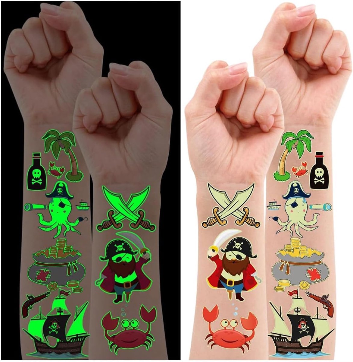 Tijdelijke Tattoos voor Kinderen, 38 Glow-in-the-Dark Designs, Kinderfeest Uitdeelcadeautjes, Piñata Vulling, Piraten Feest Decoratie