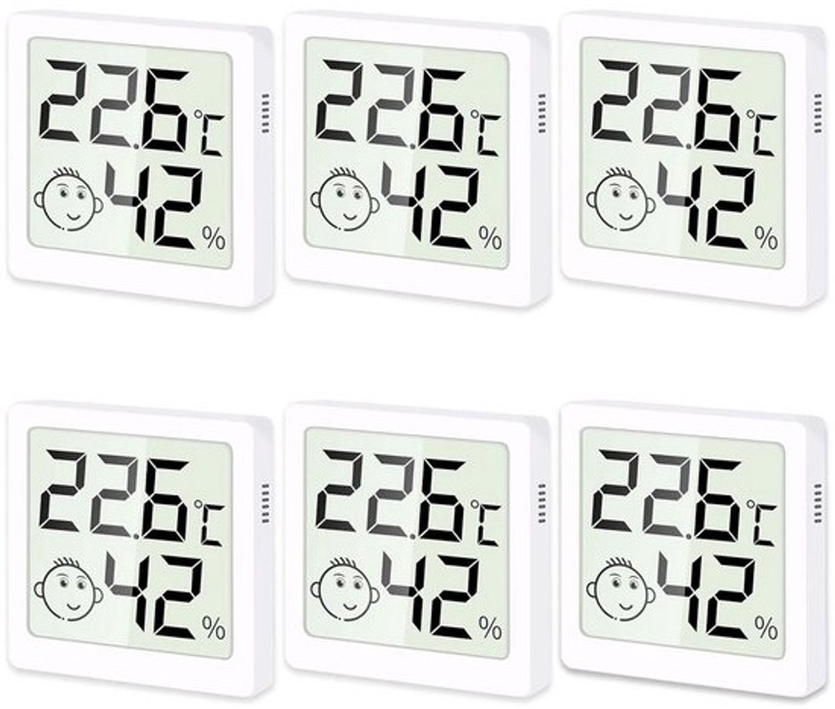 6-pack Digitale Luchtvochtigheid en Temperatuurmeters met Smiley Indicator