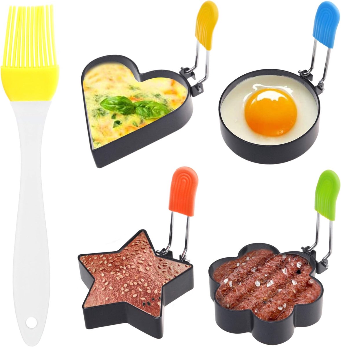 & Kind 4x roestvrijstalen eierringen met antiaanbaklaag - verschillende vormen met handgrepen tegen verbranding - ideaal om te braden en vorm te geven - ideaal voor ontbijt Engelse muffins, pannenkoeken