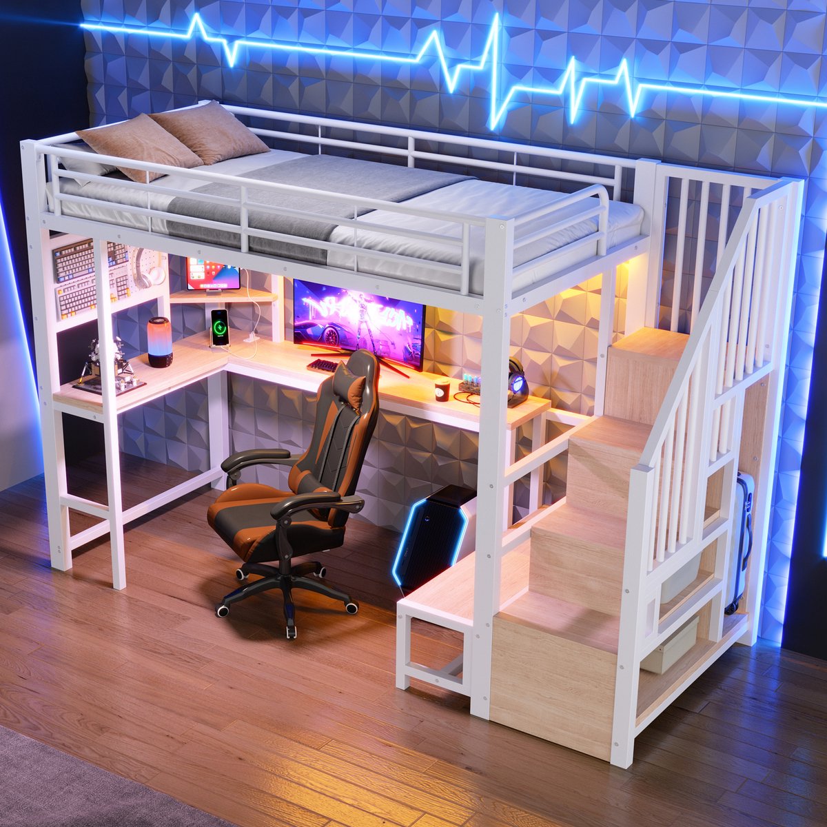 Merax Hoogslaper 90x200 cm - bureau - USB- en USB-C-aansluiting - perforatiebord - kast met laddervorm - LED-verlichting - zonder matras - wit