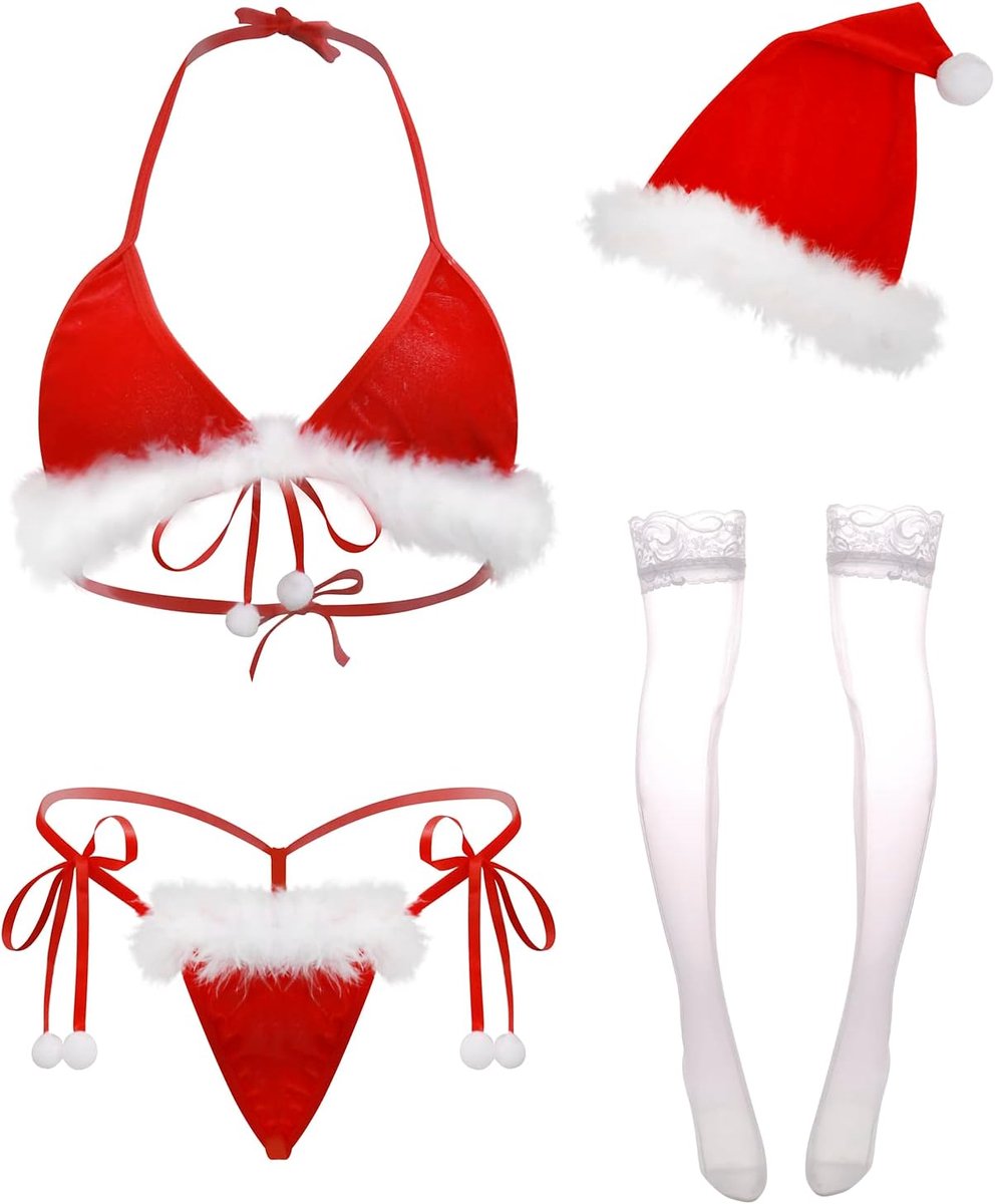 kostuum voor dames, kerstkostuum, voor volwassenen, sexy lingerie, voor dames, kerstbikini, nachtjurk, brutale set, 4-delige set