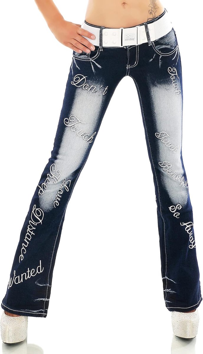 Jeans broek broek verschillende borduurwerk tattoo draak struisvogel belettering incl. riem XS-XXL