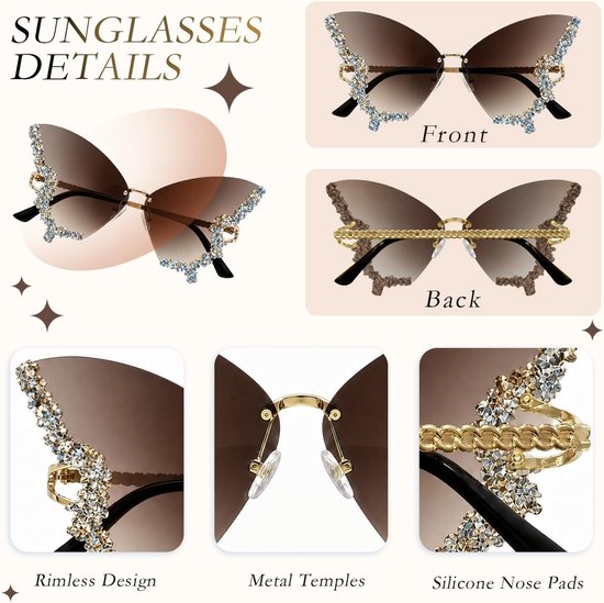 Zonnebril Dames - Randloze Vintage Modebril met Steentjes - Gradient Grijs - Inclusief Brillenzakje — afbeelding 3