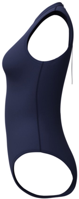 Zijaanzicht van een marineblauw sportbadpak met hoge hals.