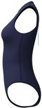 Zijaanzicht van een marineblauw sportbadpak met hoge hals.