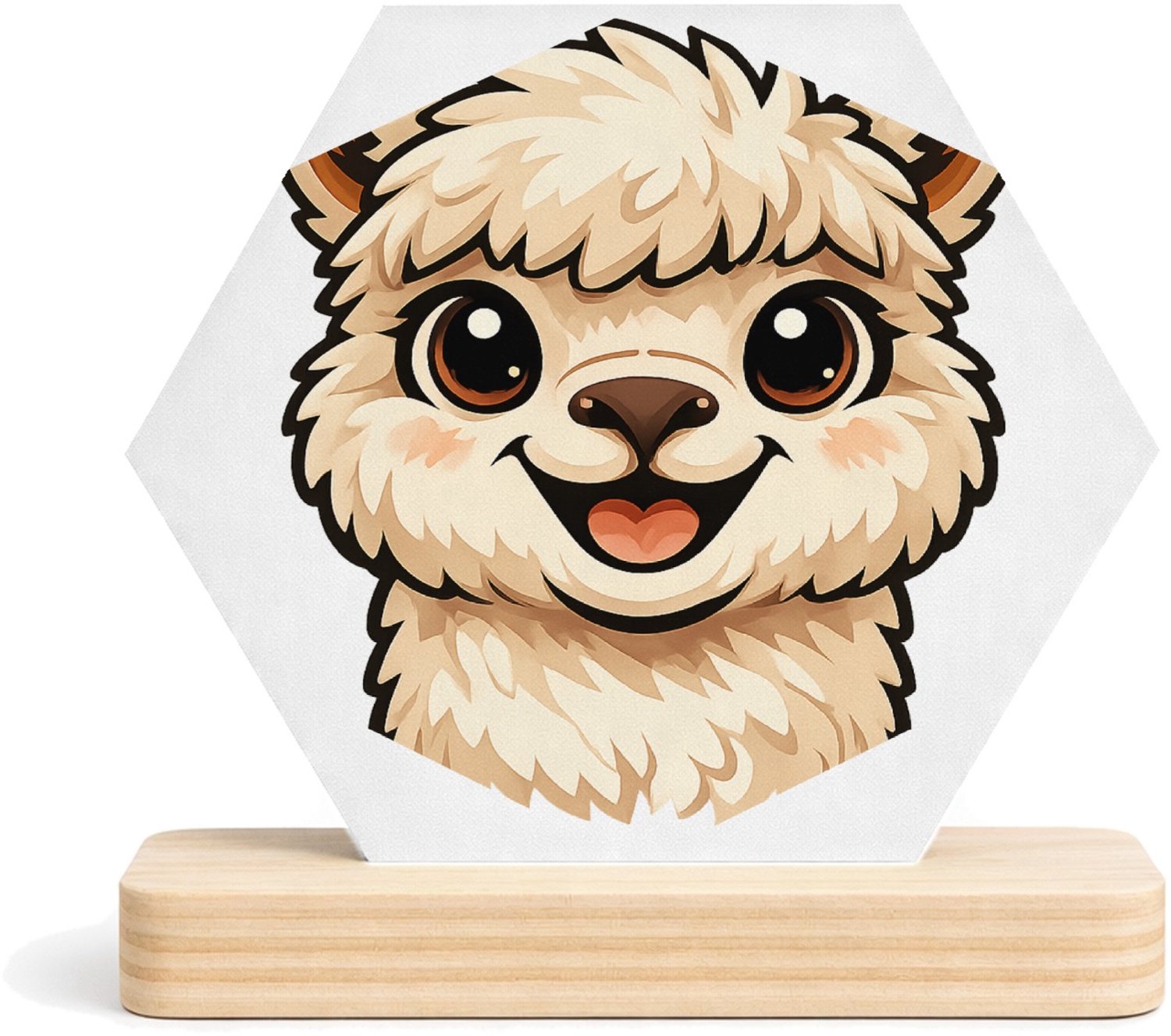 Mr Cadeautjes MDF fotolijst/inleg hexagon 14 x 13 - design Een vrolijke alpaca met grote, nieuwsgierige ogen en een bre | cadeau Wit