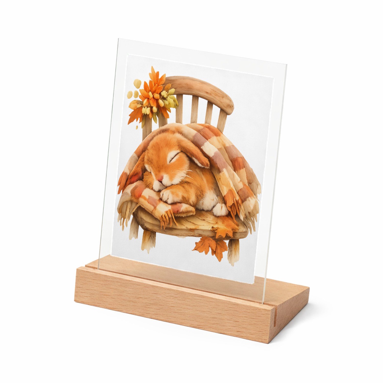 Mr Cadeautjes Glasframe met vaste tekst - design Een uitgestrekte konijnendut onder een plaid op een houten s | cadeau Wit