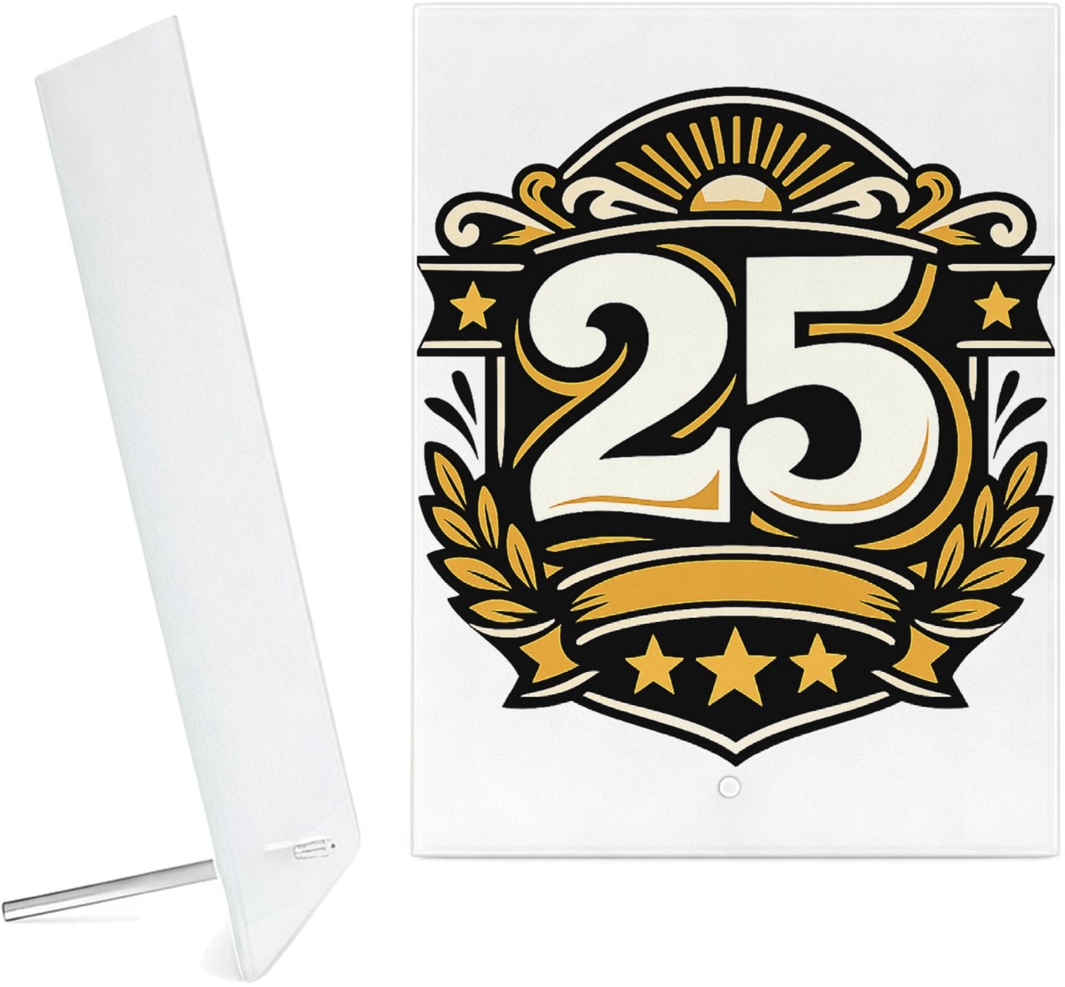 Mr Cadeautjes Glazen fotopaneel Retro jubileumontwerp met een groot middenicoon en gebogen t - 15 x 20 cm, staand - glas, decoratie, wanddecoratie | cadeau Wit