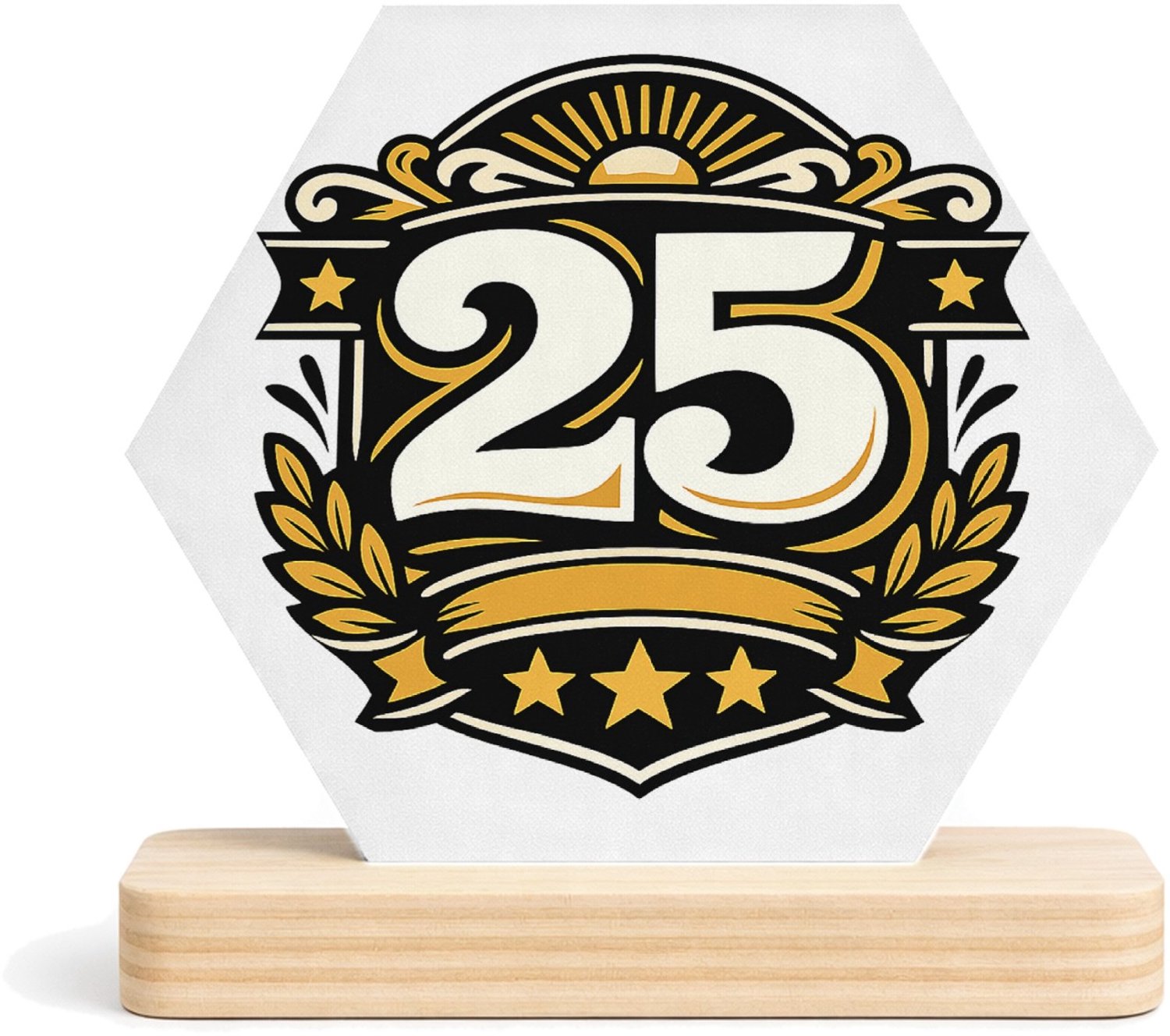 Mr Cadeautjes MDF fotolijst/inleg hexagon 14 x 13 - design Retro jubileumontwerp met een groot middenicoon en gebogen t | cadeau Wit