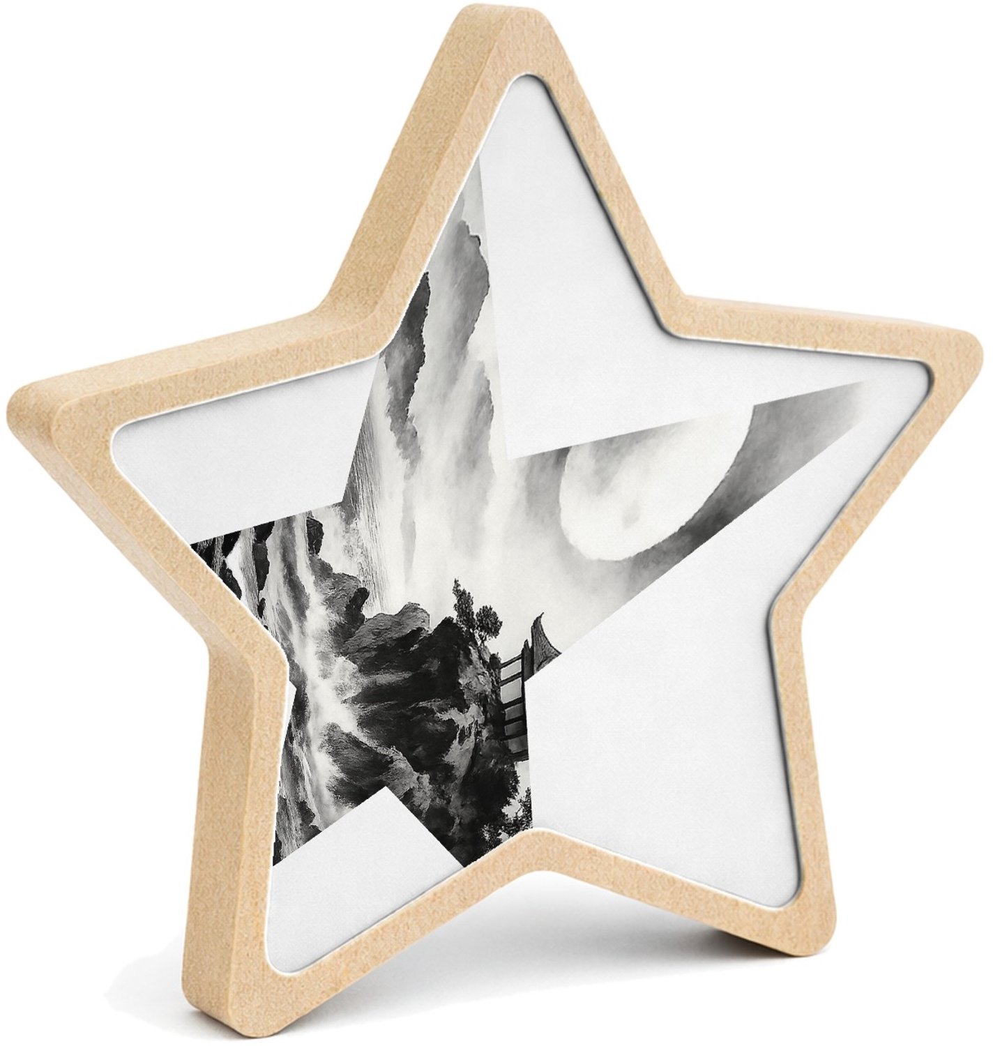 Mr Cadeautjes MDF fotolijst ster 14 x 13,5 - design Nachtelijk kustpanorama met rotsen, maan, golven en een klei | cadeau Wit