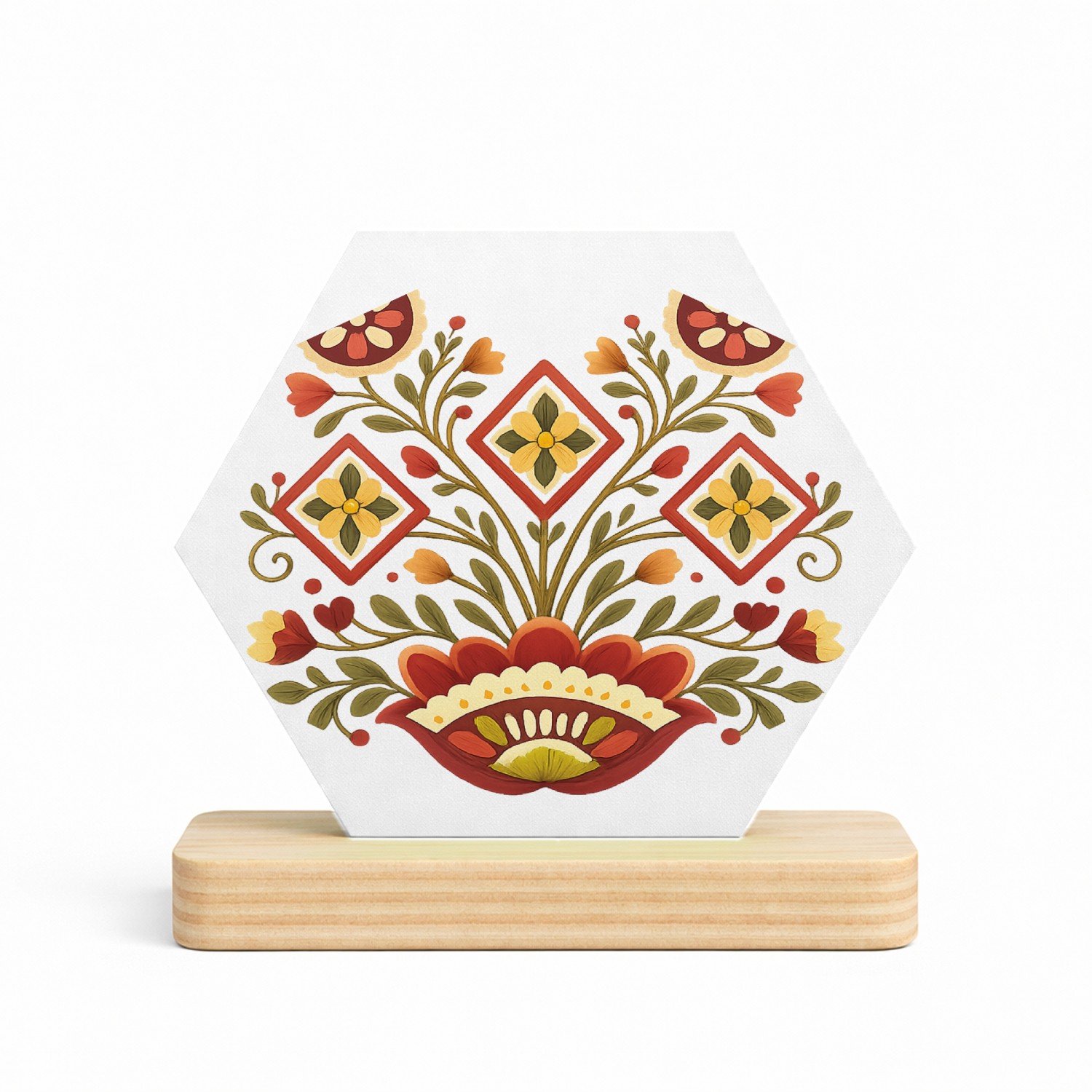 Mr Cadeautjes MDF fotolijst/inleg hexagon 14 x 13 - design Een zonvormig botanisch medaillon met compacte, strakke symm | cadeau Wit