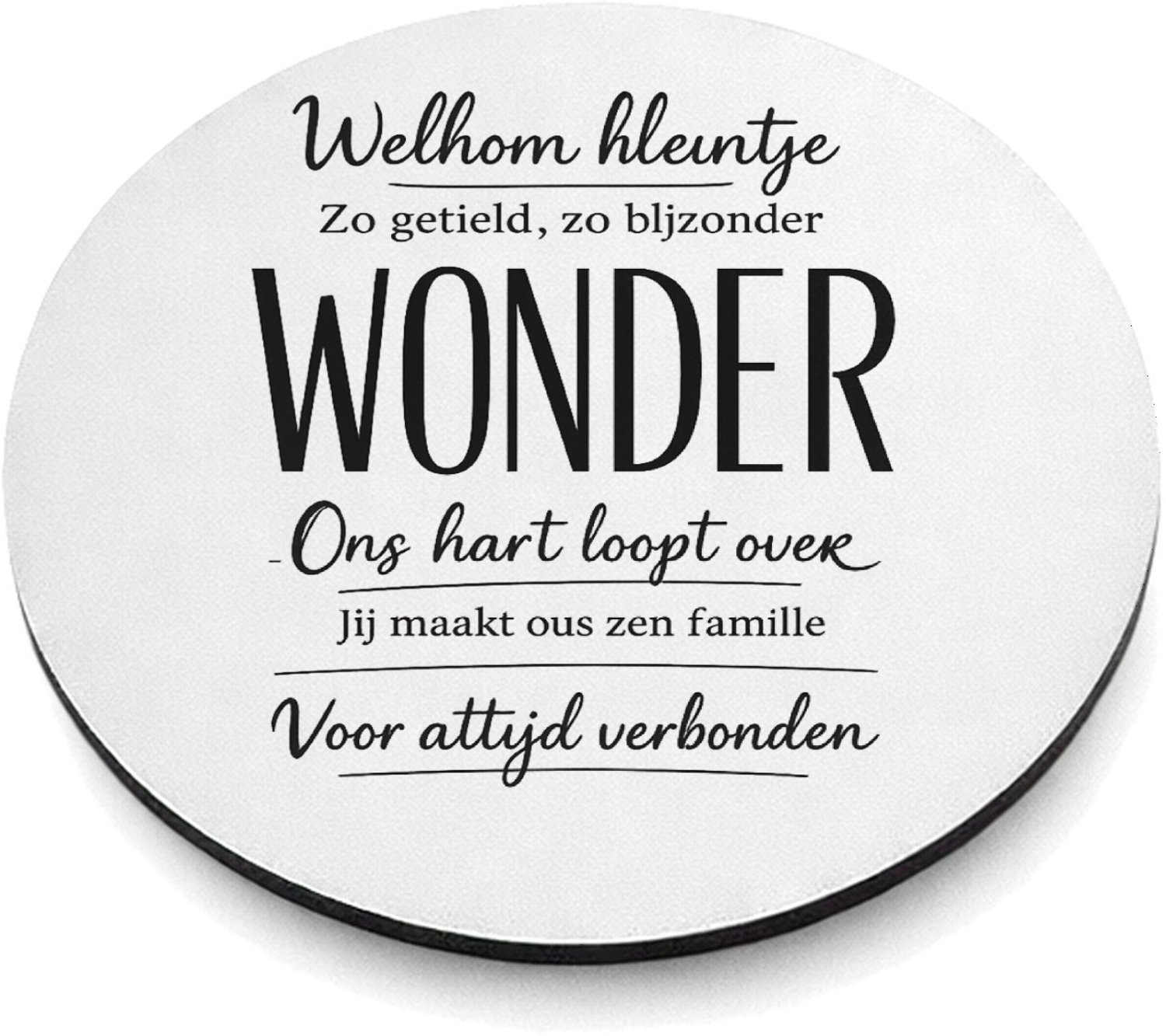 Mr Cadeautjes MDF magnetische fotolijst rond Ø 9,5 - design Een warme familieboodschap met één krachtwoord als visuele b | cadeau Wit