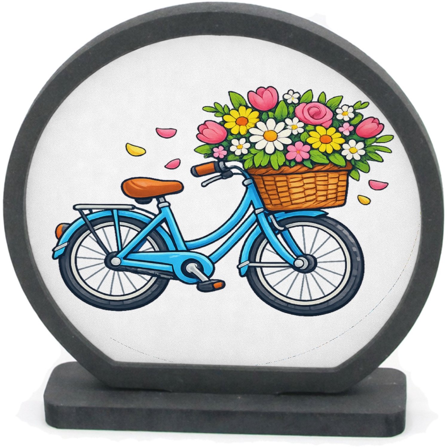 Mr Cadeautjes Houten fotolijst rond met MDF inleg - design Vintage fiets met bloemenmand | cadeau Wit