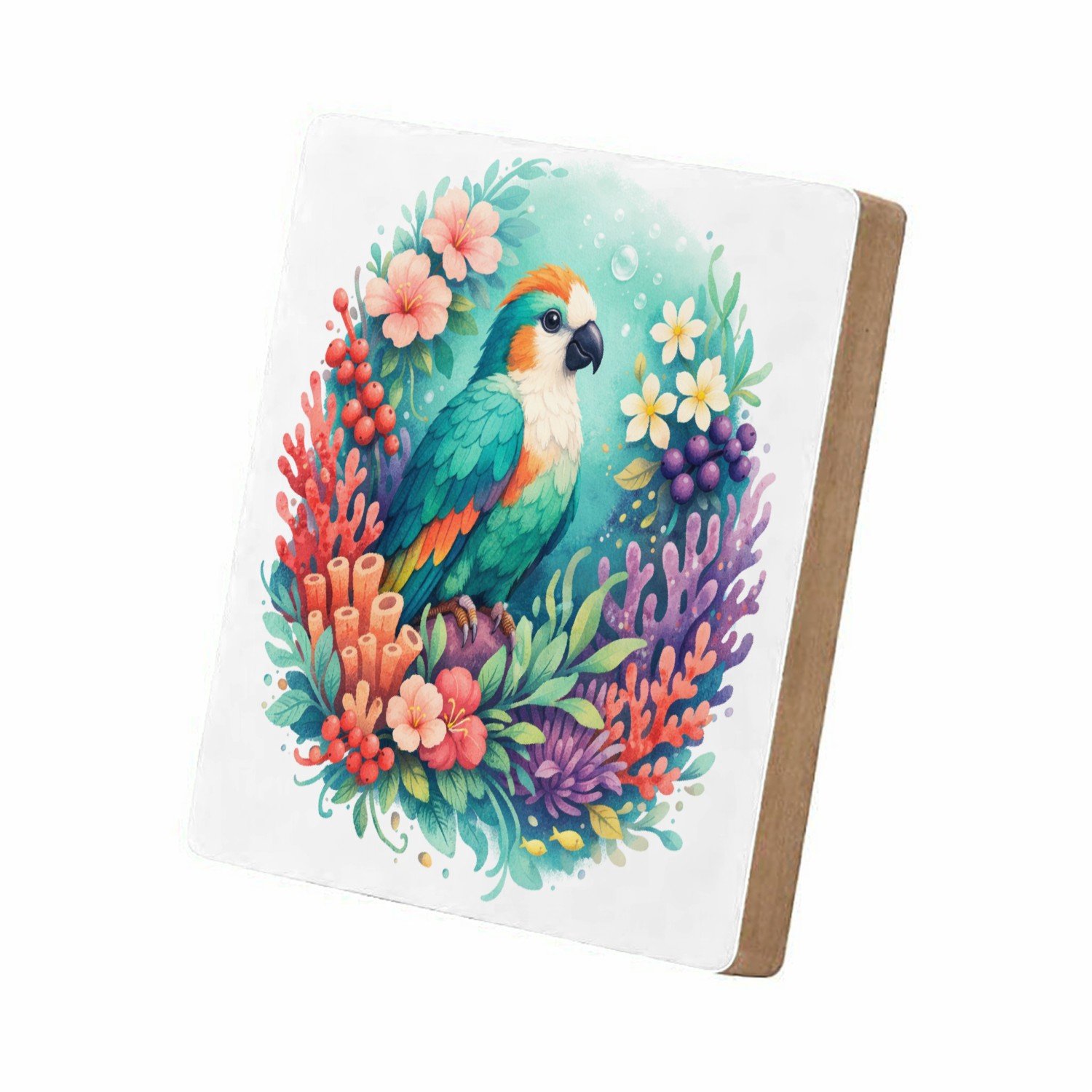 Mr Cadeautjes MDF staande fotolijst 15,2 x 15,2 - design Een tropische vogel in een weelderige bloemenzee met bladere | cadeau Wit