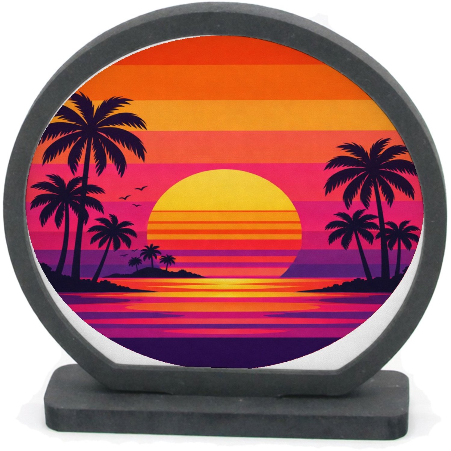 Mr Cadeautjes Houten fotolijst rond met MDF inleg - design Retro zonsondergang met palmen | cadeau Wit