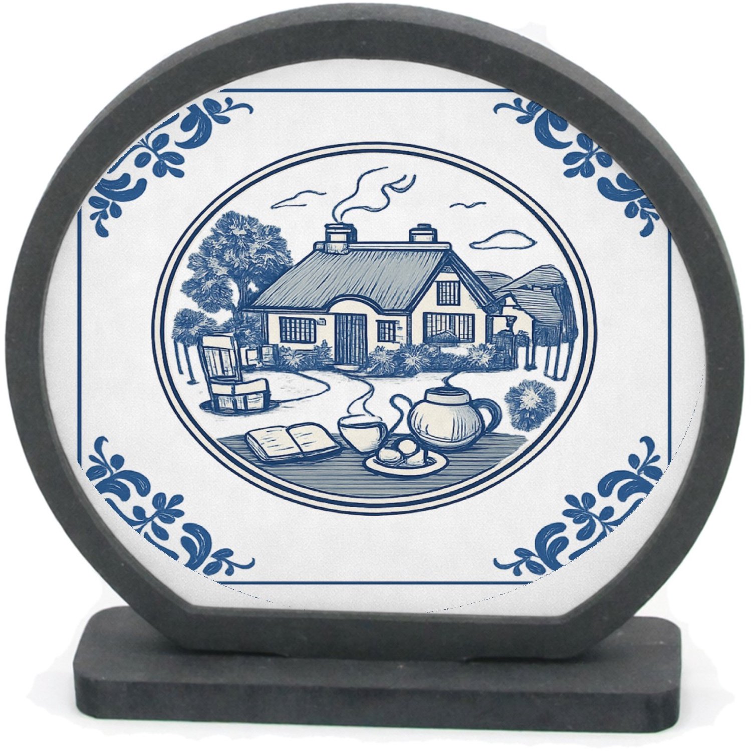 Mr Cadeautjes Houten fotolijst rond met MDF inleg - design Rond kader met botanische hoekdecoraties en een warme woonte | cadeau Wit