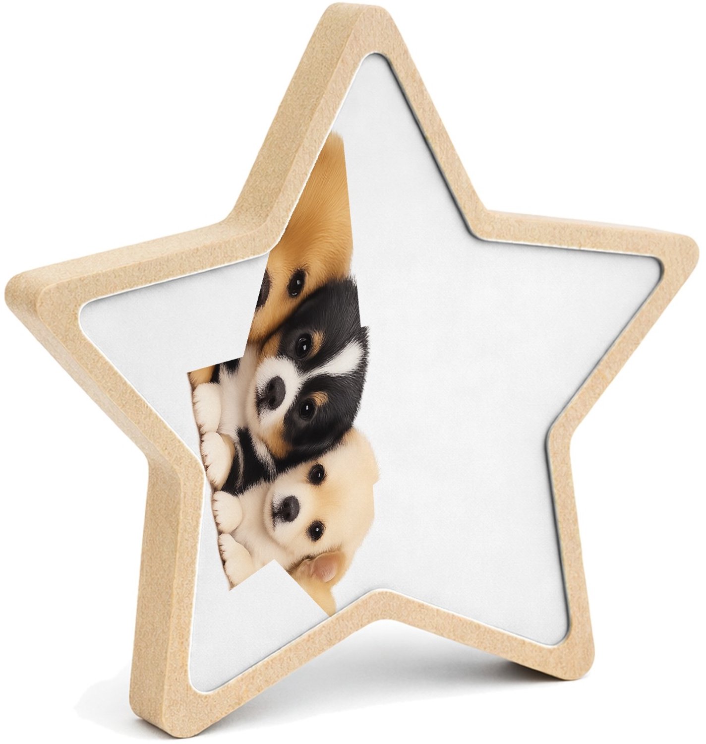 Mr Cadeautjes MDF fotolijst ster 14 x 13,5 - design Een vrolijke, zachte dierenprint met een compacte groep jong | cadeau Wit