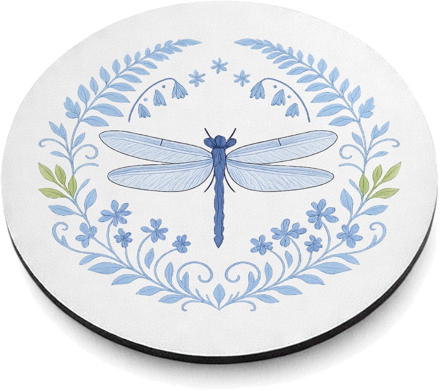 Mr Cadeautjes MDF magnetische fotolijst rond Ø 9,5 - design Serene bosrand met libellen en varens in een verfijnd blauw| cadeau Wit