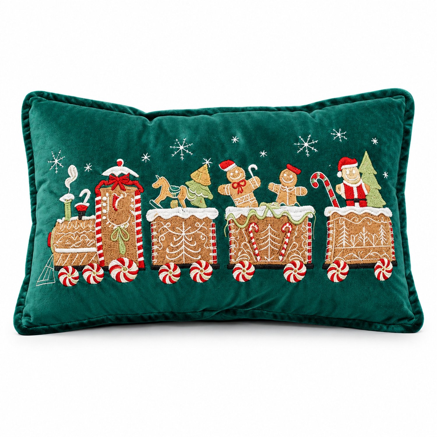 SWGOTA Fluwelen kerstkussenhoes 50 x 30 cm met kersttrein en omlopende rand - Rechthoekige decoratie voor bank en bed Groen