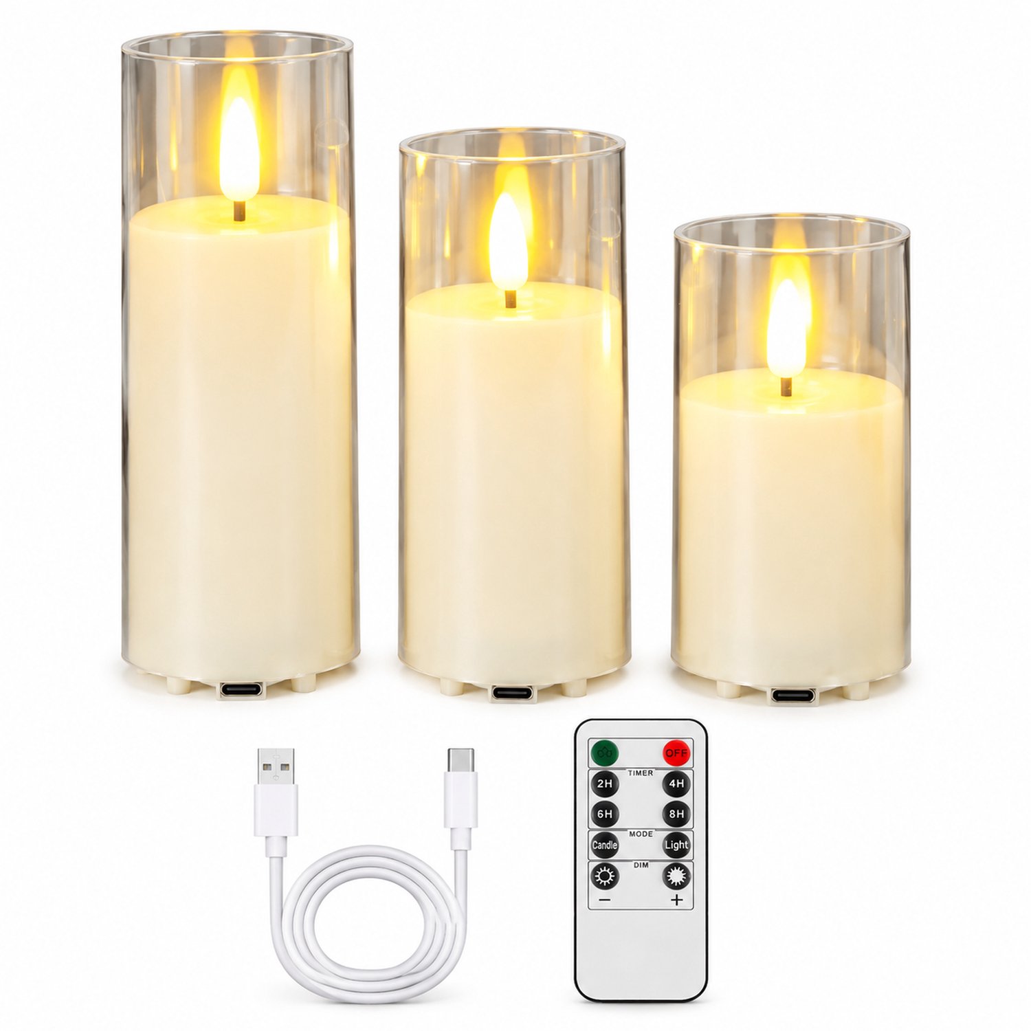 SWGOTA elektrische kaarsen, oplaadbare set van 3 met afstandsbediening en transparante omhulsels, Ø 5,5 cm, hoogtes 10/12,5/15 cm