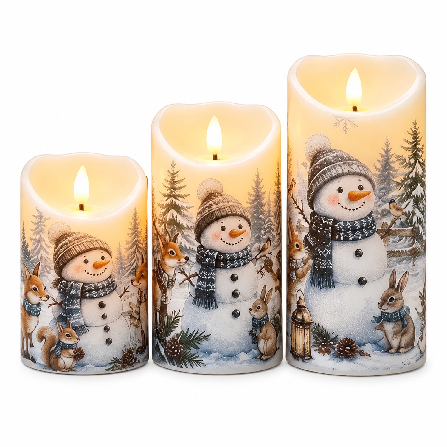 SWGOTA led kaarsen set van 3 met sneeuwpopmotief en schuine bovenrand, warm licht, op batterijen, voor binnendecoratie, zonder batterijen Blauw