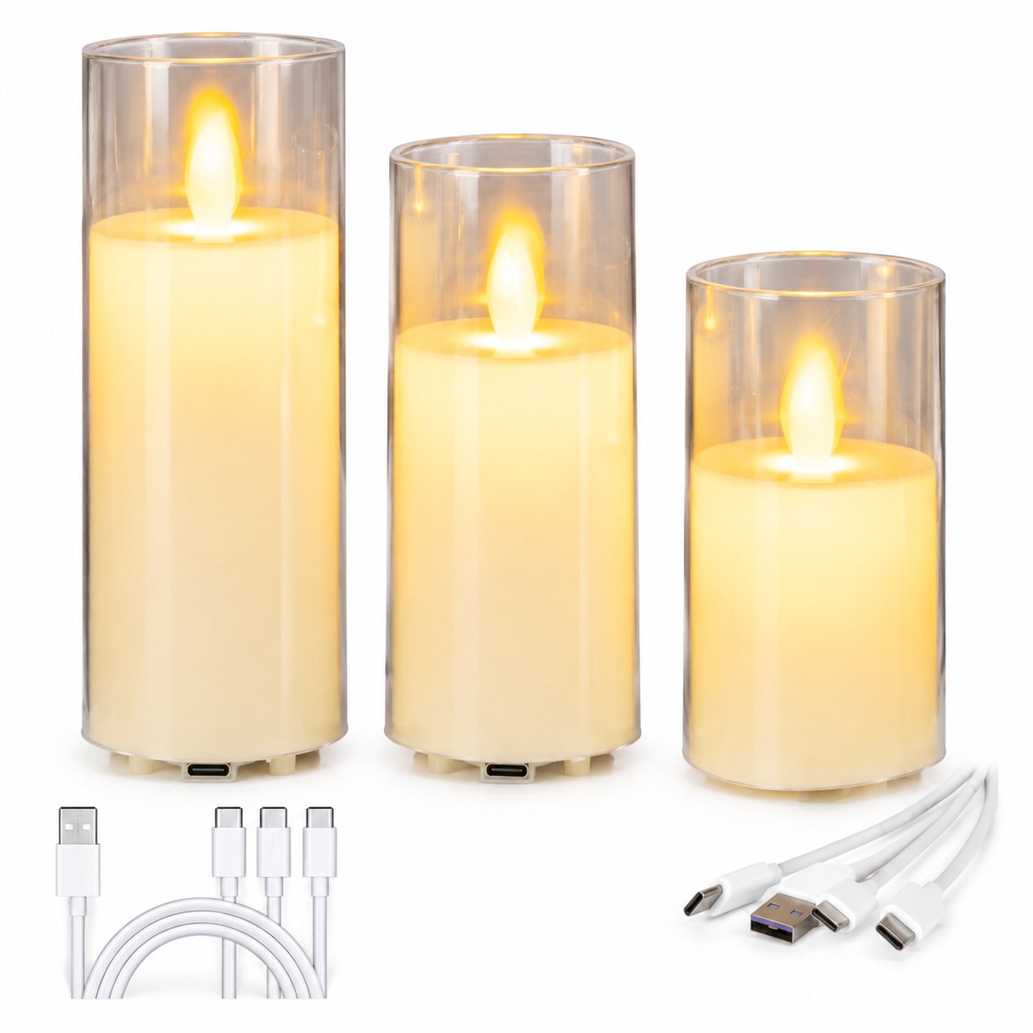 SWGOTA Oplaadbare elektronische kaarsen, set van 3 met bewegende vlam en transparante kap, diameter 5,5 cm, hoogtes 10/12,5/15 cm, inclusief USB-laadkabel